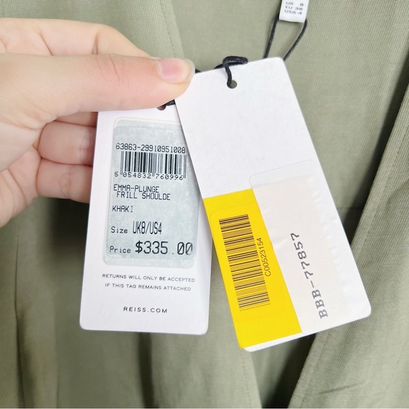 REISS • Emma Plunge Frill Shoulder Dress green midi button front tie waist belt - Picture 6 of 14